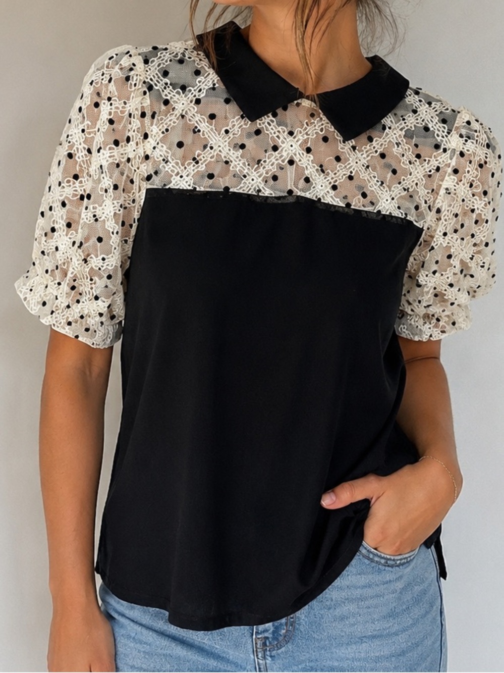 Kaily K Black White Lace Polka Dot Peter Pan Collar Puff Sleeve Top Medium Chic
